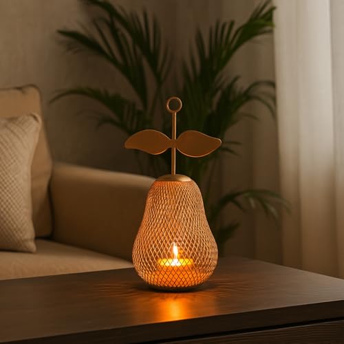Image of MARKET 99 Metal Pear T- Lite Holder - Golden | Elegant Home Decor for Diwali, Christmas, Birthday, and Wedding | Decorative Candle Holder for Ideal for Festive & Ambient Lighting| Golden