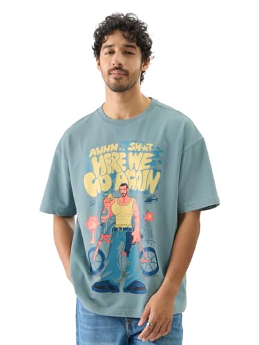 Image of The Souled Store Here We Go Again Men and Boys Short Sleeve Round Neck Green Graphic Printed Cotton Oversized T-Shirts