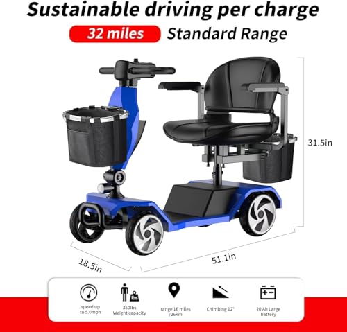 Image of 32 Miles Electric Mobility Scooter for Adults, Elderly. Wheelchair Device for Travel. Capacity 350 lbs, 350W Mobility Scooters for Seniors with 20A Removable Battery and Two Baskets (Y3-Blue)