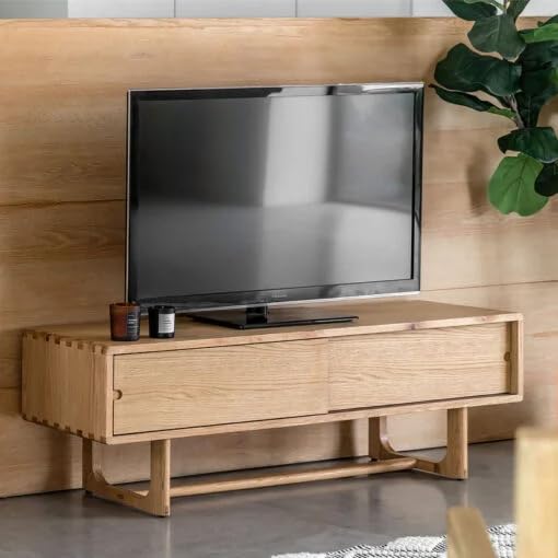 Levon Artson Solid Wood TV Unit Japandi Style Wooden Entertainment Center with 2 Sliding Doors |Modern Media Console Cabinet for Living Room Light Oak Finish-image-5