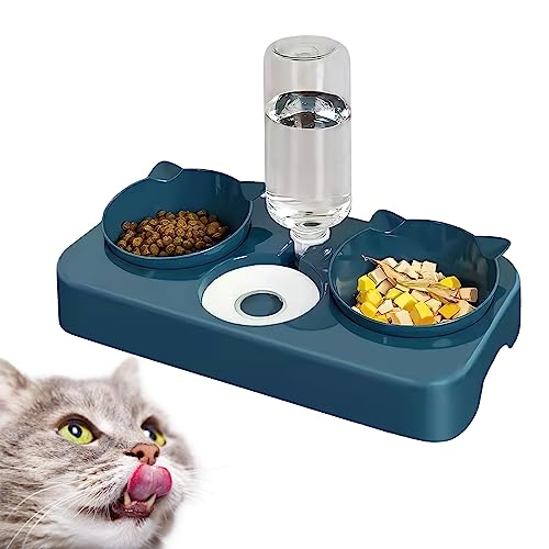 doepeBAE 3 in 1 Gamelle pour Chats, Distributeur Croquettes Chat, Gamelle Chat Gamelle Chien, Mangeoirs et Abreuvoirs pour Chats, Gamelle Double Chien Distributeur de Croquettes pour Chat (Bleu)