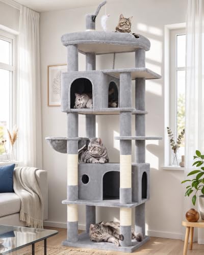 Image of Globlazer F74B Cat Tree for Indoor Cats Large Adult, Multi-Cat, Light Grey | Easy Setup, 74in Tall Tower, Oversized Top Perch, 2 Large Condos, Hanging Basket, 5 Sisal Scratching Posts, Anti-Topple Strap