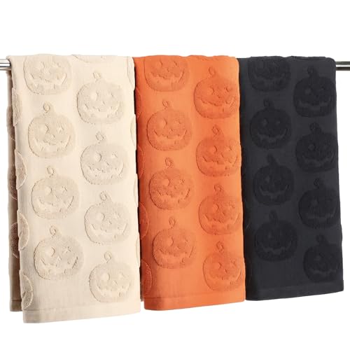 Remagr 3 Pcs Halloween Hand Towels Set for Bathroom Spooky Pumpkin Decor 100% Cotton Jacquard Bath Towels 29.5 x 13.8 Inch Orange Black White Soft Kitchen Towel Gift for Home Bathroom Fall Decor