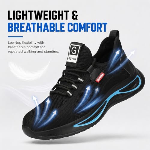 Image of GLANOUDUN Steel Toe Shoes for Men Lightweight Safety Toe Work Shoes Black | Anti Impact Toe Cap, Puncture Resistant, Wear resistant, Comfortable, Cushioned, Breathable, Construction Warehouse Logistics