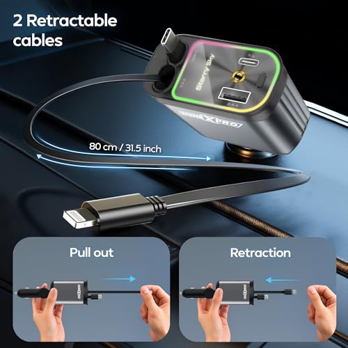 Image of ShineXPro Starlight Retractable Car Charger - Extra-Long Type-C Retractable Cables, 4-in-1 Car Mobile Charger with Starry Sky, 120W Car Fast Charger with Dual USB Port for Android & iOS Devices