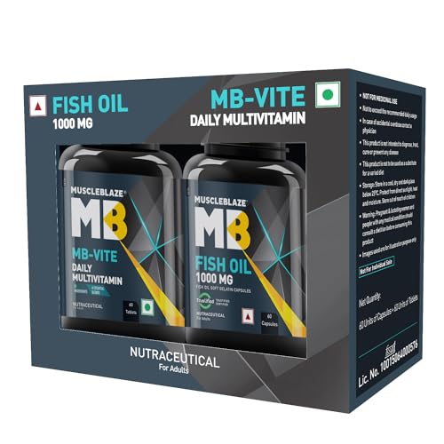 MuscleBlaze Mb-Vite Daily Multivitamin With 51 Ingredients & 6 Blends (60 Tablets) & Omega 3 Fish Oil 1000 Mg (60 Capsules)|With 180 Mg Epa & 120 Mg Dha|Combo Pack,2 Count
