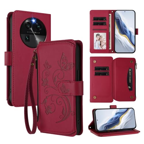 Cover Compatibile con Oppo Find X6 Pro 5G con Oppo Find X6 Pro 5G Cordinoã€5 Portacarteã€ã€Portafoglio a cernieraã€ã€Chiusura magnetica〠Stand Flip Custodia Red