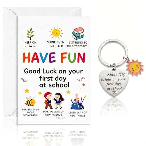 First Day at School Gifts Starting School Gifts First Day of School Gift for Boys Girls Good Luck Card & Heart Keyring for Primary Nursery