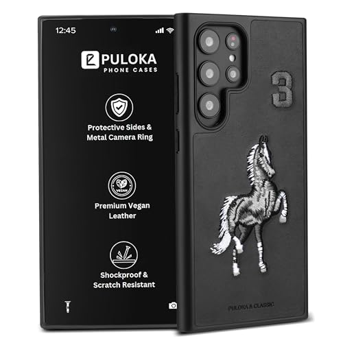 Image of PULOKA - Mobile Cover Compatible for Samsung S25 Ultra - Horse Embroidery - Sleek & Stylish - Protective & Anti Scratch Phone Cover Vegan Leather Back Case - Men & Women - Santa Barbara Polo (Black)