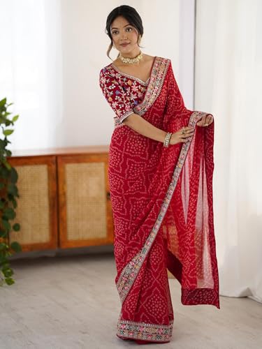 Image of Satrani Women's Georgette Bandhani Printed Sequin Embroidery Saree with Unstitched Blouse Piece