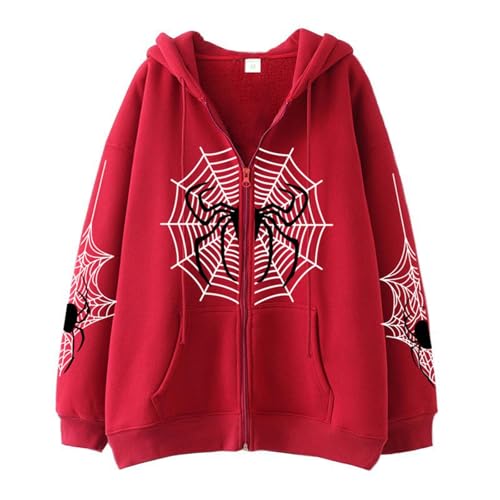 Unisex Spider Web Hoodies Jacket Zip Up Long Sleeve Drawstring Y2K Tops Novelty Gothic Streetwear Oversized Sweatshirt Red Large