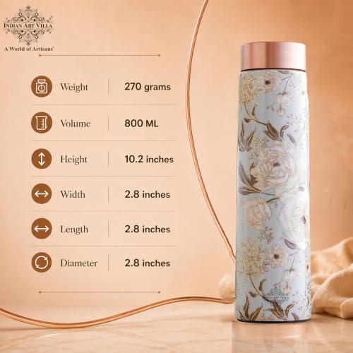 Image of INDIAN ART VILLA Copper Gold Print Copper Bottle, Copper Drinkware, 800 ML, Gold Printed White