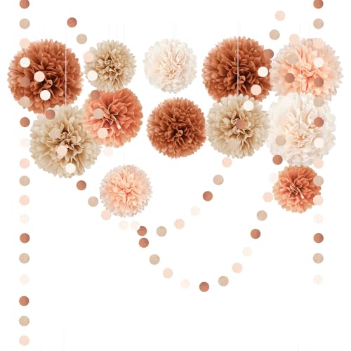 Image of AOBKIAT Fall Wedding Baby Shower Decorations Boho Style,15PCS | for Birthday Hanging Backdrop,Retro Bridal Shower,Halloween,Thanksgiving,with Brown Orange Peach Paper Pom Poms,Party Garland