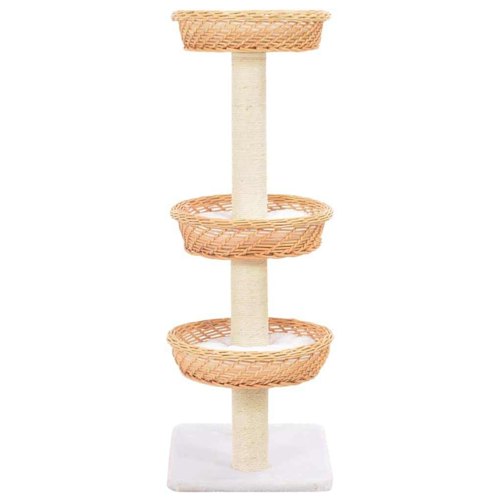Katzen-Kratzbaum aus natürlichem Weidenholz mit Sisal-Kratzsäulen 85 cm Höhe, 3 Weidenkörbe, abnehmbare Kissen, stabiles Holz-Massiv Naturdesign für Indoor Katzenpflege und Kletterspaß