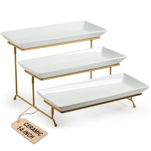 LAUCHUH Large 3 Tier Serving Stand Tiered Serving Trays Collapsible Sturdier Rack with 3 Porcelain Serving Platters for Fruit Dessert Presentation Thanksgiving Christmas Party Display Set, 14 Inch