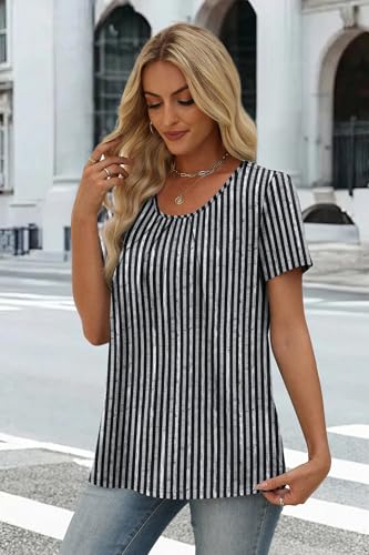 Image of WIHOLL Women T Shirts Pleated Short Sleeve Tops Business Casual Dressy Blouses