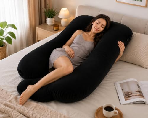Image of Full Body Pillows for Sleeping Cooling Pregnancy Pillow,U Shaped Pregnancy Body Pillow for Women,Maternity Pillows for Pregnant Women & Removable Washable Velvet Cover Black