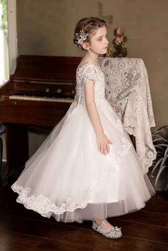 Ruffle Tulle Princess Pageant Dress Sparkly Sequin Flower Girl Dress Lace Applique First Communion with Bowtie3