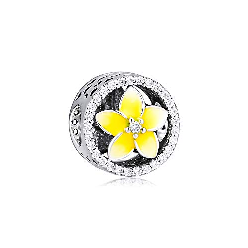 CKK DIY Flower Beads Fits Pandora Bracelets Charm 925 Sterling Silver Pale Yellow Enamel Plumeria Floral Openwork Charms for Women Jewelry Making