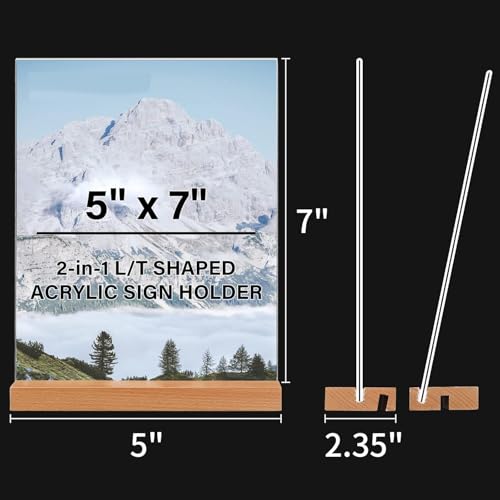 Image of DesiRang Acrylic Sign Holder with Wooden Base (5x7 in (A5), Straight /Slant placing, 2 side, Pack of 3) Clear Display Table Sign Picture Frame Flyer Menu Stand Office Wedding Restaurant Hotel Home