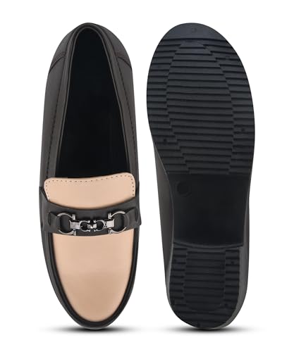 Image of JM LOOKS Elegant Two-Tone Slip-On Loafers with Block Heel and Sophisticated Metallic Bit Ornament for Formal Wear