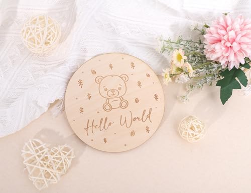 Image of Wooden Hello World Birth Announcement Sign - Teddy Bear Theme Baby Welcome Card for Newborn, Wood Birth Announcement Discs, Wooden Baby Cards First Year, Baby Shower Gift, Gift for Newborn