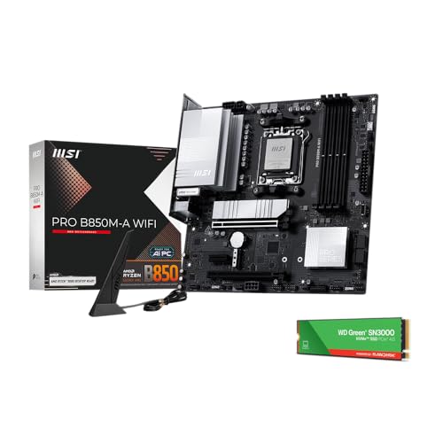 Image of MSI PRO B850M-A WiFi Motherboard,mATX-Supports AMD Ryzen 9000 /8000 /7000 Processors,AM5-DDR5 Memory Boost (8200+ MT /s OC),PCIe 5.0 x16 & 4.0 x4,M.2 Gen5,Wi-Fi 7,5G LAN+WD Green SN3000 1TB SSD Bundle