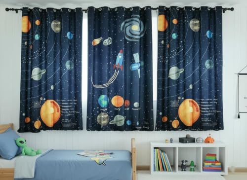 Image of Space Theme Curtains for Kids Room | Planets Cartoon Curtains 4x5 feet Set of 3 | Window Parde Galaxy Print Blinds for Boys & Girls Room | Window Curtain Panel Blue