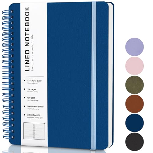 ABERLLS Blue Lined Spiral Journal Notebook with 160 Pages, 8×5.7in, A5 Spiral Notebook, Journaling Notebooks for Work, School, Women, Men, College Ruled Spiral Notebook, Hardcover Leather Journals
