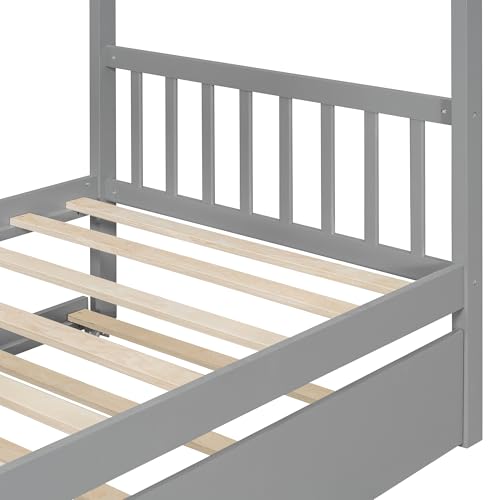 Image of Twin Size Creativity House Bed with Roof Frame and Twin Size Trundle, Montessori Wooden Platform Bed with Sturdy Slats Support for Kids Teens Girls Boys, No Box Spring Needed (Gray-02, Twin)