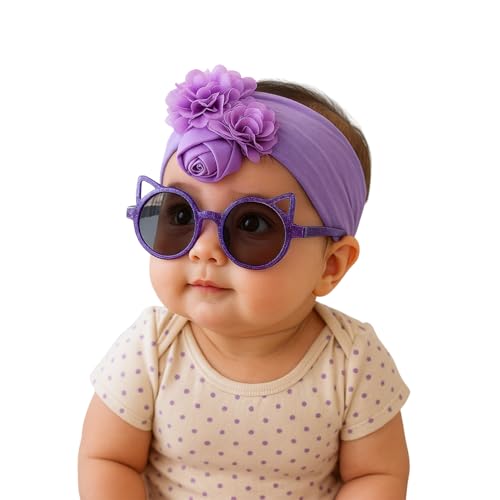Image of SYGA Baby Rose Flower Stretchable Headband With Uv Protection Cat Type Sunglasses Stylish Combo For Toddlers And Kids (Purple)