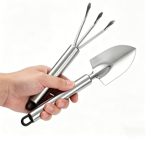 Image of Garden Trowel, Mini Stainless Steel Hand Shovel Garden Rake 2 Pack