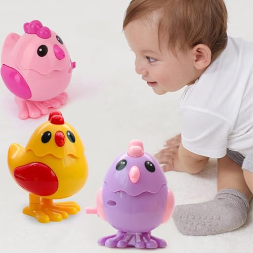 Image of Crackles Wind-Up Jumping Chicken Hen Toy | Key-Operated Crank Mini Hen For Babies | Spring Hopping Action |Crawling Walking Toy Set for Kids | Party Favor & Birthday Gift for Boys and Girls -Pack of 3