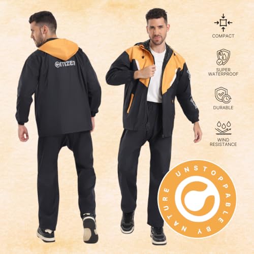 Image of Citizen Hooded Raincoat for Men Women Waterproof for Bike Riders HT Micro TPU Fabric Lightweight Stylish Sealed Hood, Large Pockets, Heavy-Duty Zippers Rainwear with Carry Pouch-CR019