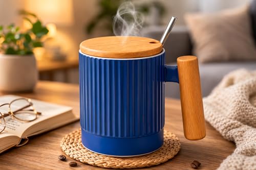 Image of Coffee Mug, Gift for Woman, Birthday Present for Girlfriend, Present for Wife Birthday, Mugs for Present, Holi Gifts, Panda Mug with Lid & Spoon (Fluted Blue)