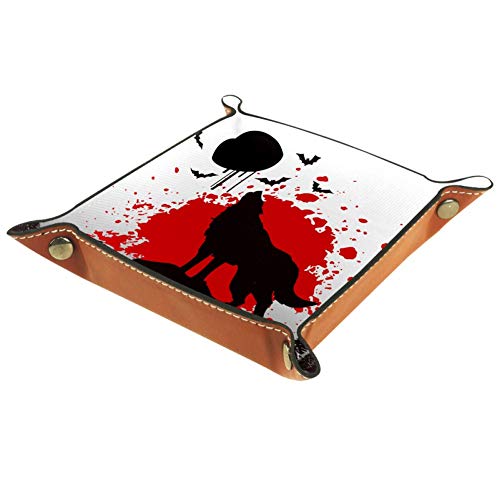 SHOP-DIY White Red Wolf Bat Jewelry Tray, PU Leather Valet Tray Men Women