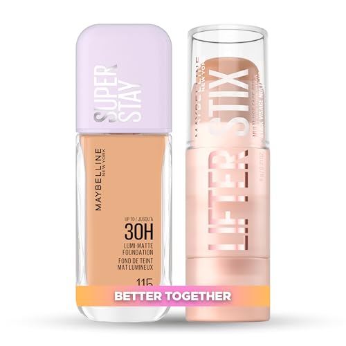 Pack Maybelline New York Base de Maquillaje, Acabado Mate Luminoso, Lumi Matte, Tono 115 + Stick Facial para Contouring, Efecto Lifting, Lifter Stix, Tono 45