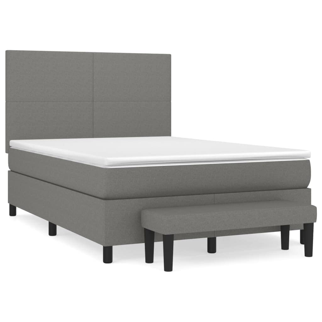 Sprężynowy z regulowanym zagłówkiem kontynentalne 140x190 cm szary | Łóżko kontynentalne z materacem kieszeniowym 140x190 cm ciemnoszara tkanina z zagłówkiem i ławką