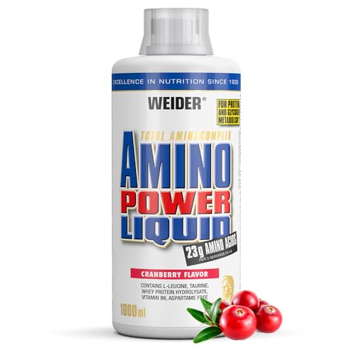 Weider - Amino Power Liquid - Flüssiges Hydrolysiertes Protein - Aminosäuren - 23g Protein pro 45 ml für Muskelaufbau - Mit L-Leucin, Taurin, Vitamin B6 - 1 Liter - Cranberry
