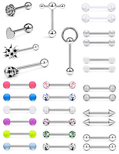 Prjndjw Jewelry, 5/8in(16mm) L, 14G Tongue Piercing Barbells Multicolor Surgical Stainless Steel Long Nipple Piercing Barbells Body Jewelry for Women Glow in the Drak 30Pcs Silver tone