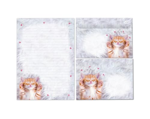 Briefpapier-Set Briefblock mit Umschlag für Mädchen Kinder Katze Tiere Kindermotiv Briefbögenblock liniert (Block A5 mit 25 Blätter + 15 Umschläge)