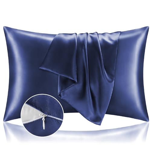 BEDELITE Satin Pillowcase with Zipper, Navy King Size Pillow Cases Set of 2, Super Soft and Cooling Similar to Silk Pillow Cases, Gift for Women Men(20x36 Inches)