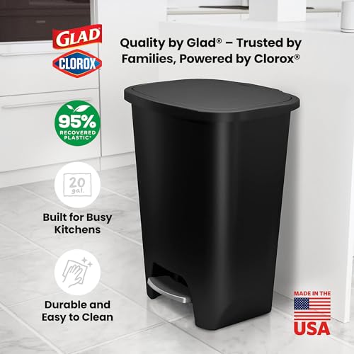 Image of Glad 20 Gallon Trash Can with Clorox Odor Protection | Plastic Kitchen Waste Bin | Hands Free with Step On Foot Pedal and Garbage Bag Rings, Black