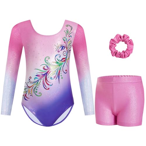 Maillot de gymnastique filles ensemble 3 pièces avec short et bandeau multicolore dégradé