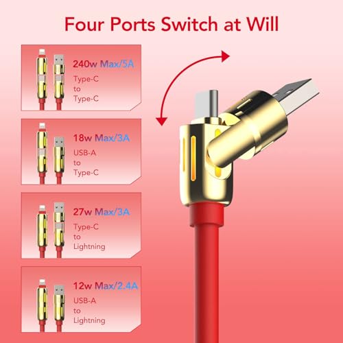 Image of MFish 240W 4-in-1 Fast Charging Cable, Red, 6.6FT | Carrying Case, USB-A & USB-C to USB-C /Lightning, For iPhone 17 /16 /15 /14, MacBook, iPad, Laptop, Samsung S25 /S24
