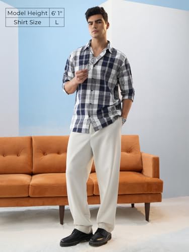 Image of The Souled Store: Blue Sails Men and Boys Long Sleeve Collared Neck Button Front Blue and Cream Checked Embroidered Regular Fit Cotton Linen Shirt