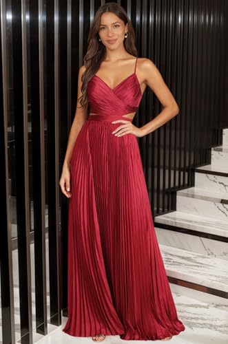 Pleated Satin Bridesmaid Dresses for Women Spaghetti Straps Long V Neck Formal Dress3