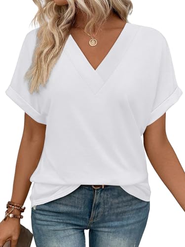 WIHOLL Womens Tops Tunic Plus Size 2025 Summer Spring Trendy Short Sleeve Shirts V Neck Flowy Blouses White 2XL