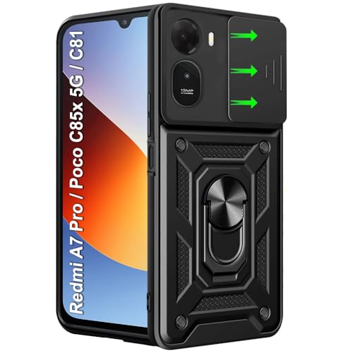 Image of TheGiftKart Tough Armor Bumper Back Cover Case for Mi Redmi A7 Pro /Poco C85x 5G / C81 | Kickstand & Ring Holder | 360 Degree Protection Back Cover Case (PC & TPU, Sliding Camera Cover, Black)