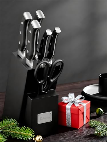 D.Perlla D.Perlla Messerblock mit Messerset, 7-TLG Selbstschärfender Messerblock, Scharf Edelstahl Messerset Set mit Kunststoff-Griff und Holzblock, Profi Küchenmesserset, Schwarz - Detailansicht 8 | Küchenmesser